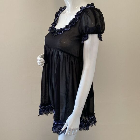 Dolls Kill Widow Sheer Black Babydoll Mini Dress Ruffle w Baby Blue Lace Trim - Picture 7 of 7